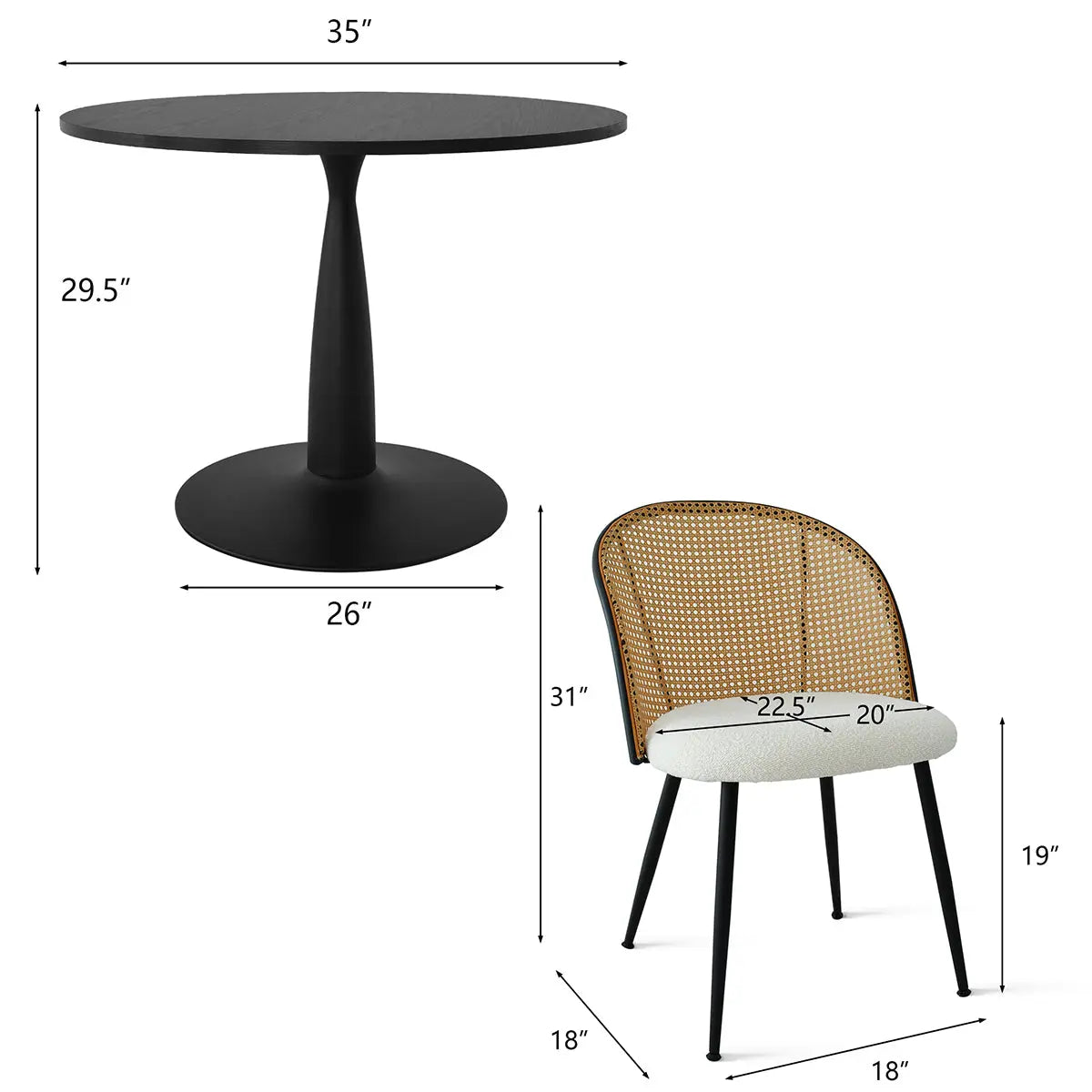 Dimensions of Haven & Jules Rattan Round Dining Table Set with Arms, black table, woven chair.