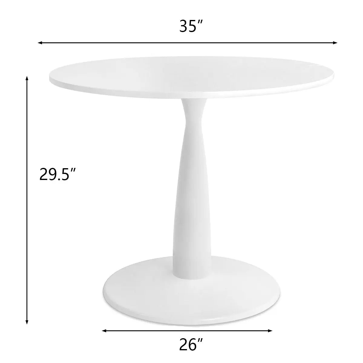 Haven Modern White Dining Table with dimensions, round design, minimalist style, pedestal base.