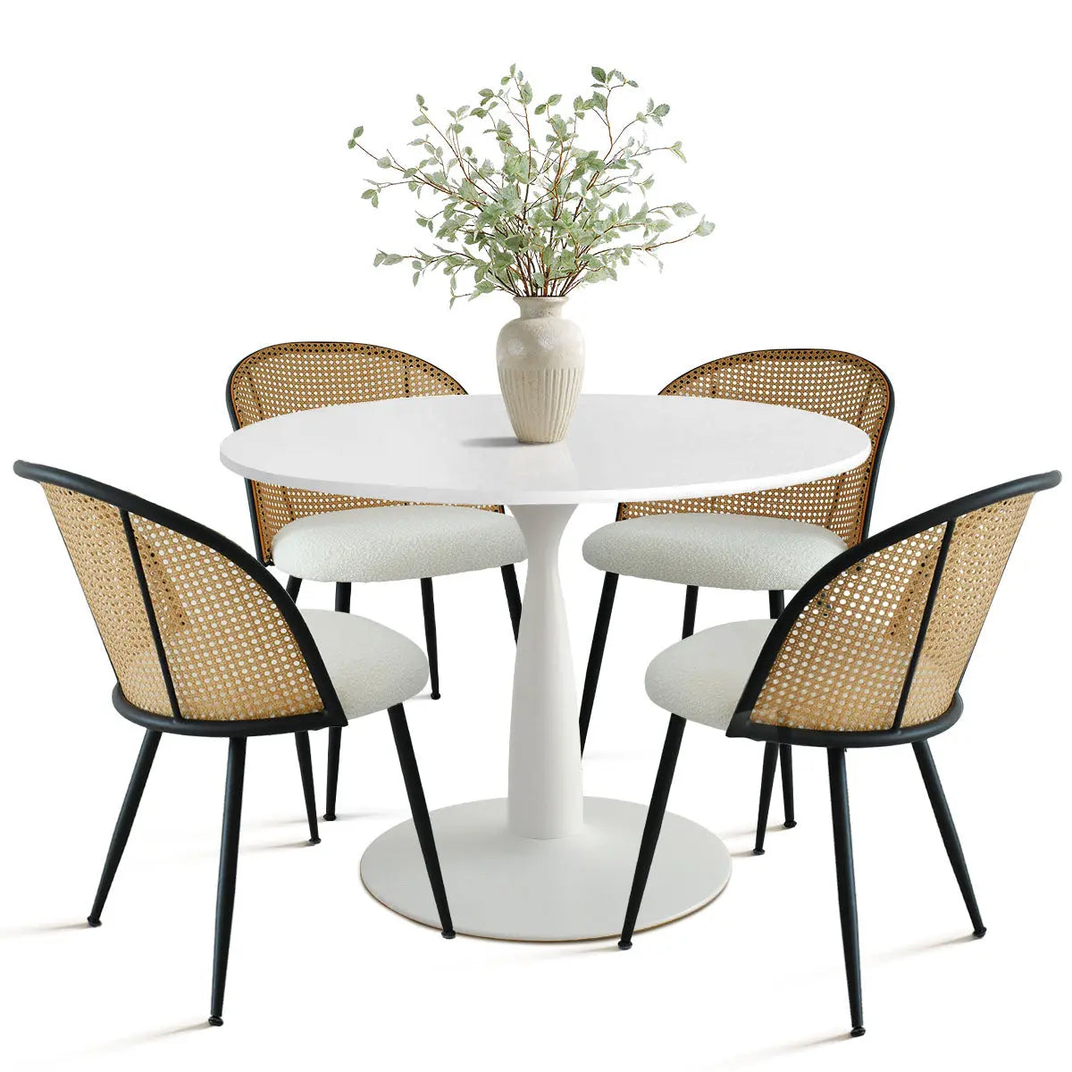 Haven & Jules round dining set, rattan chairs, white table, minimalist style, white background.