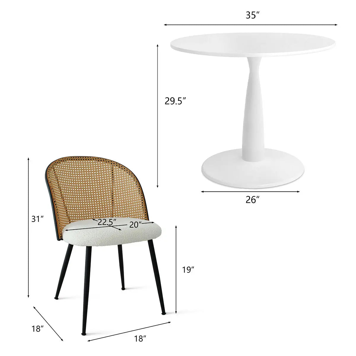 Haven & Jules Rattan Round Dining Table Set dimensions, featuring stylish rattan chair with arms.