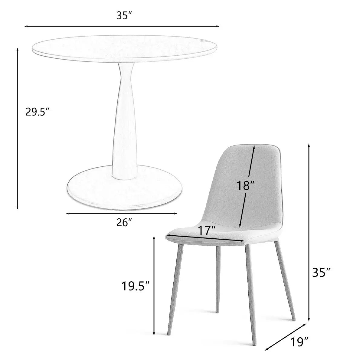 Haven & Oslo dining table set dimensions with white table and chair, ideal for modern dining spaces.