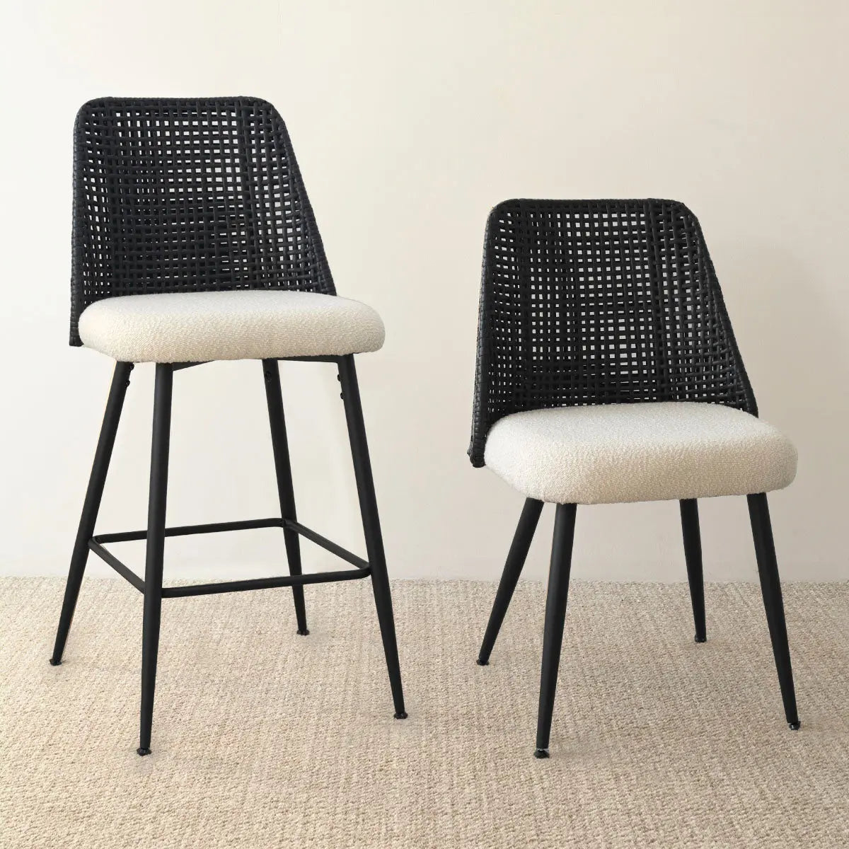 Black woven Nice Rattan Upholstered Dining Chair on neutral carpet in modern dining room setting.