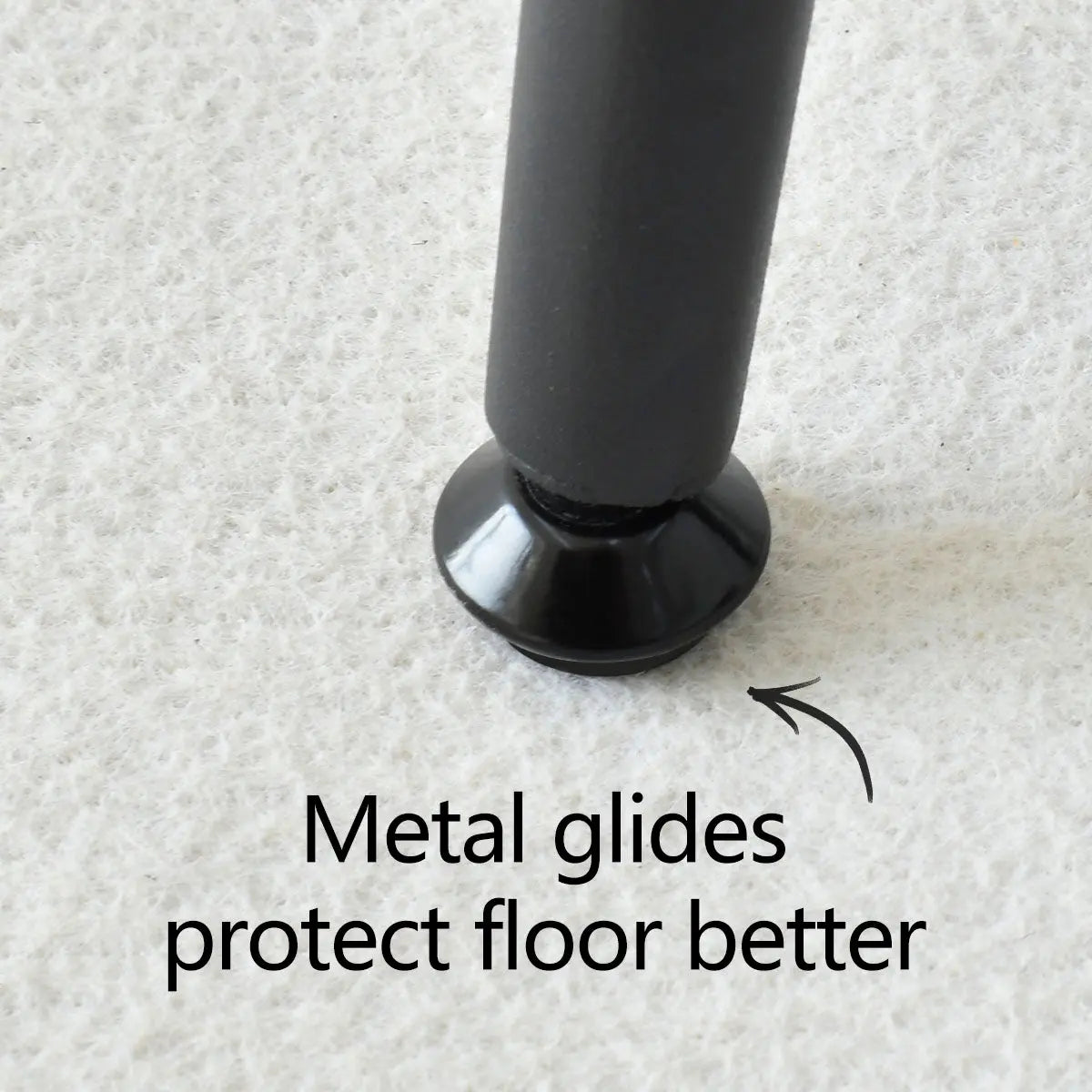 Close-up of dining chair leg with metal glides on carpeted floor, enhancing floor protection.