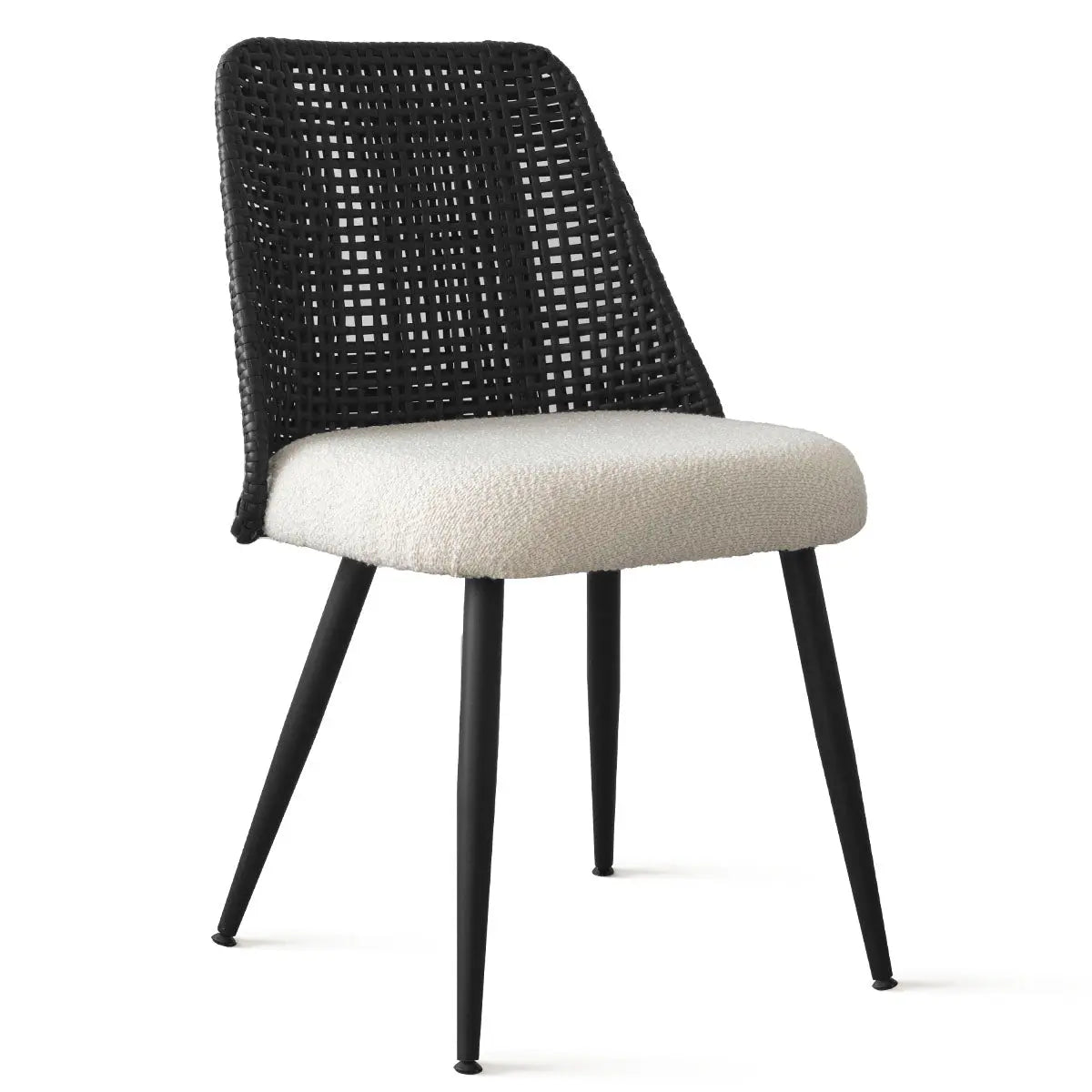 Nice Rattan Upholstered Dining Chair with black rattan back, cushioned seat, metal legs, modern style.