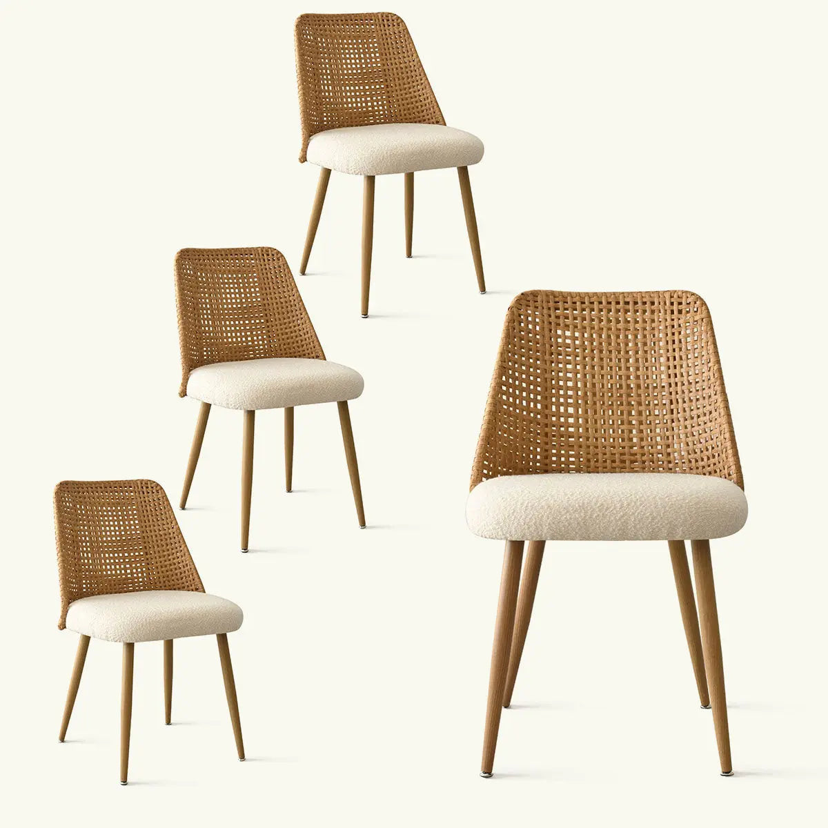 Set of 4 Nice 27" Rattan Upholstered Dining Chairs, beige cushion, wooden legs, minimalist style.