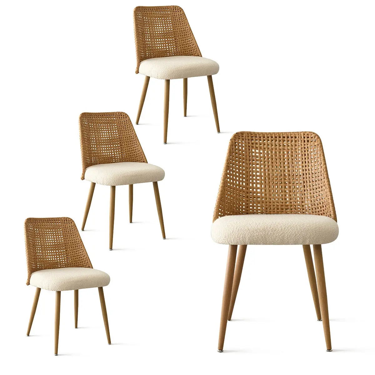 Dwen & Nice rattan and beige dining chairs set with wooden legs, ideal for dining room.