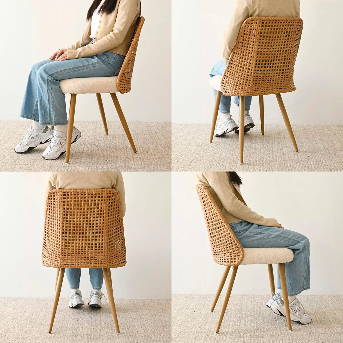 Nice Rattan Upholstered Dining Chair on beige carpet in neutral-colored dining room setting.