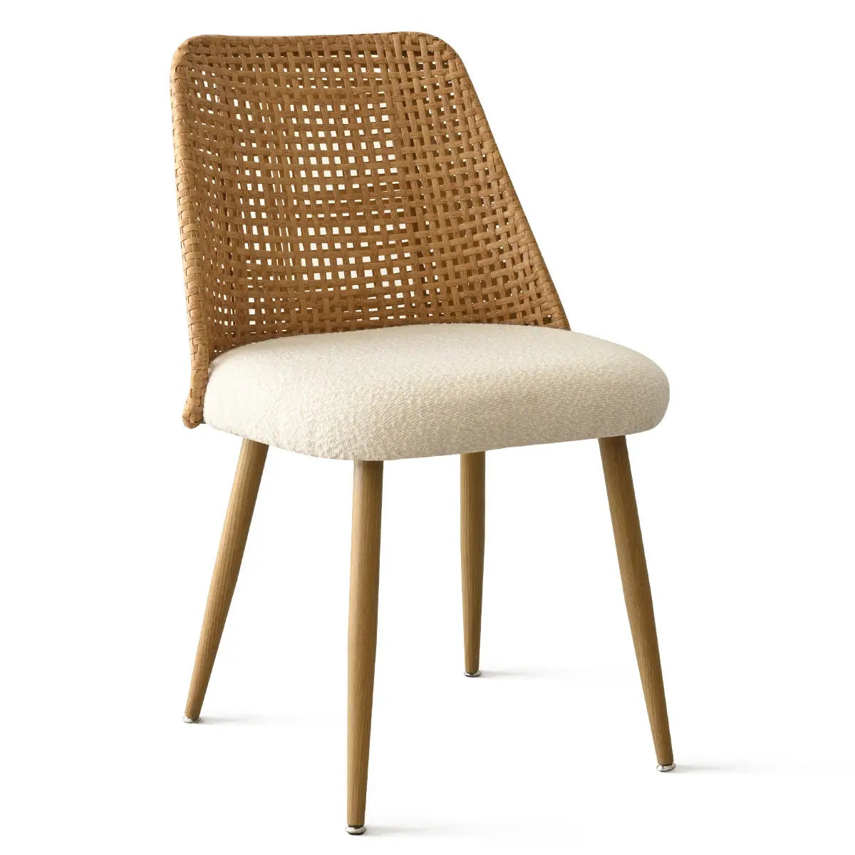 Dwen & Nice rattan chair, beige cushion, part of dining table set, modern minimalist design.