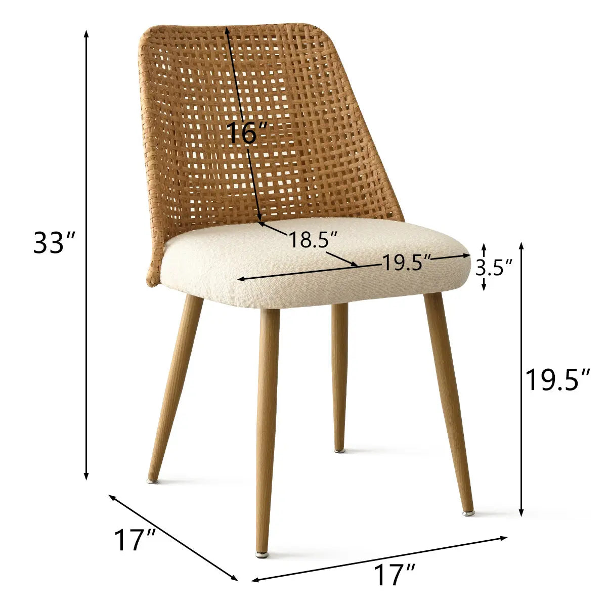 Nice Rattan Upholstered Dining Chair dimensions, natural wood legs, woven backrest, elegant modern design.