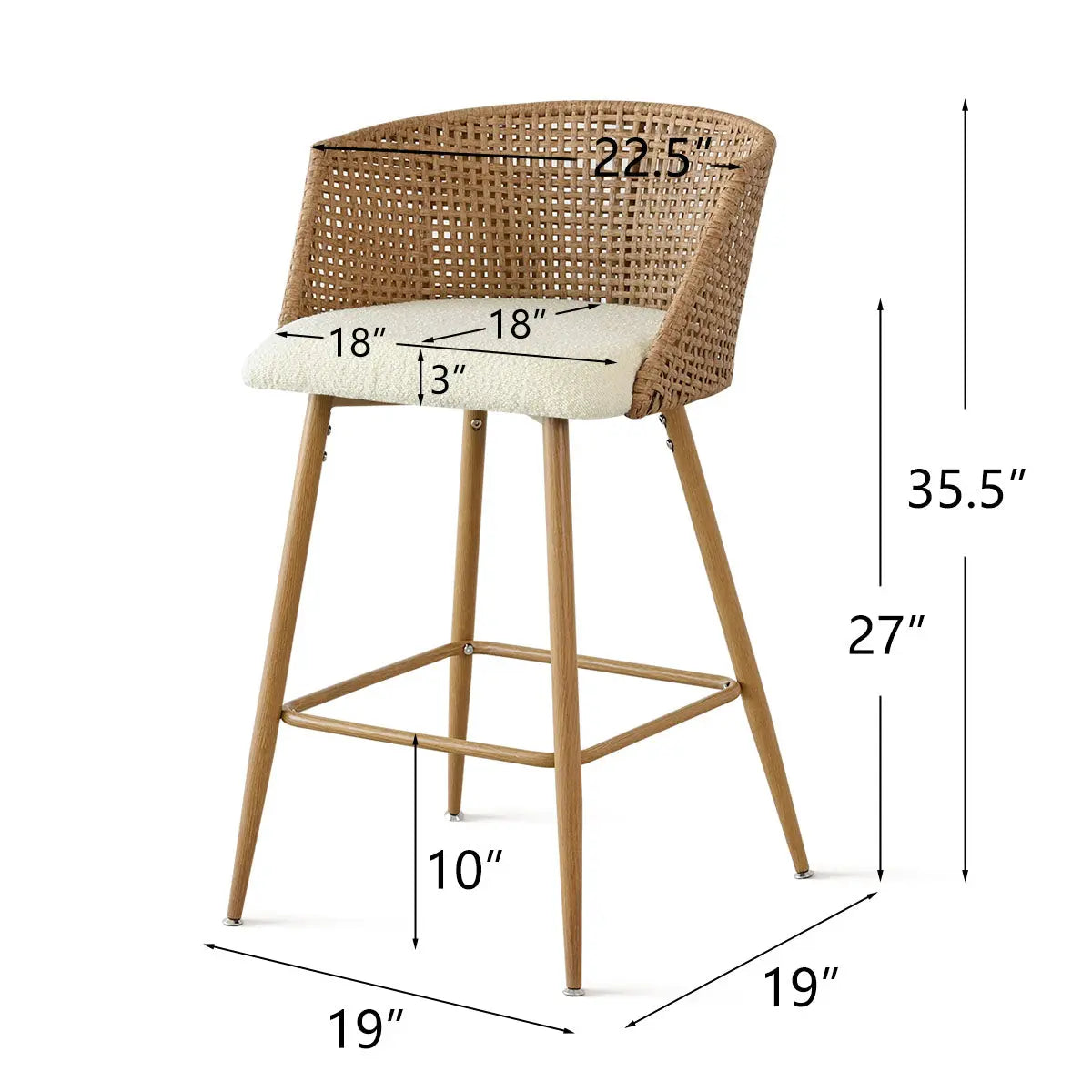 Beige rattan counter stool dimensions, upholstered curved-back seat, light wood frame, contemporary style.