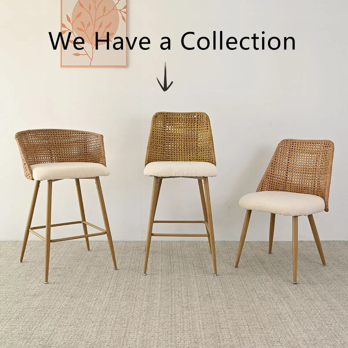 Nice beige rattan stools, upholstered curved-back, on light carpet, in minimalist room with wall art.