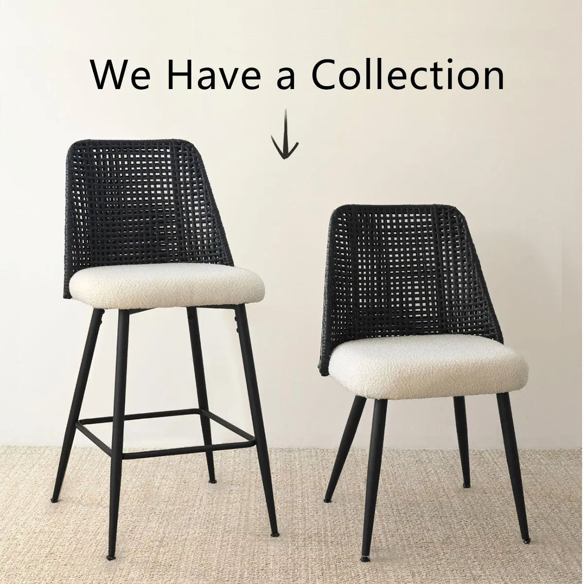 Nice Modern Rattan Upholstered Counter Stool, black and white, on beige carpet in minimalist room.