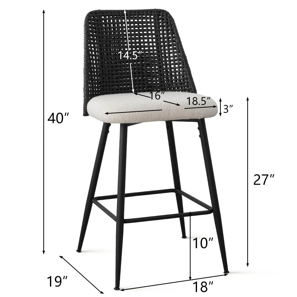 Dimensions of Nice Modern Rattan Upholstered Counter Stool with black frame and woven backrest.