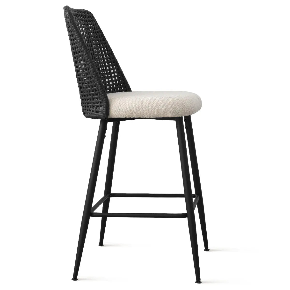 Side view of Nice Rattan Upholstered Counter Stool featuring black rattan and cushioned seat.