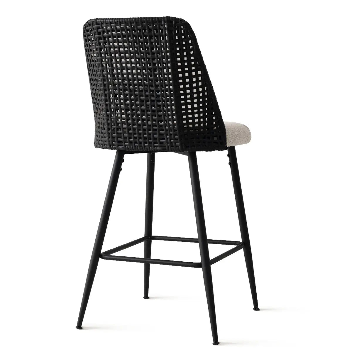 Nice Rattan Upholstered Counter Stool with black frame and beige cushion, modern design piece.