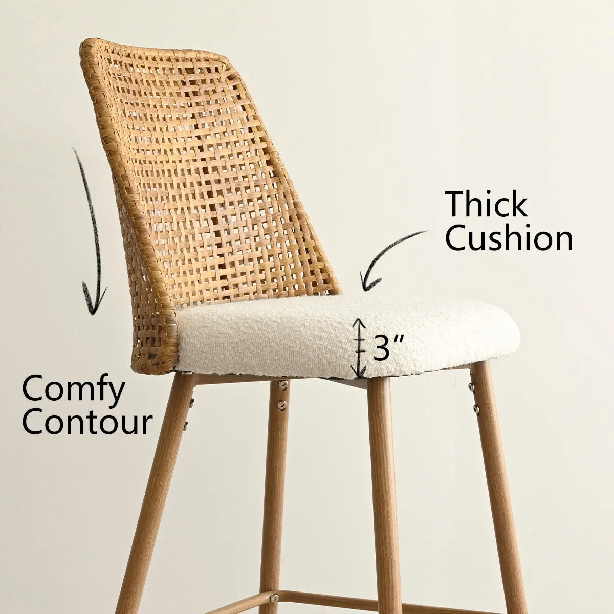 Nice Rattan Upholstered Counter Stool with comfy contour, thick 3" cushion, wooden legs.