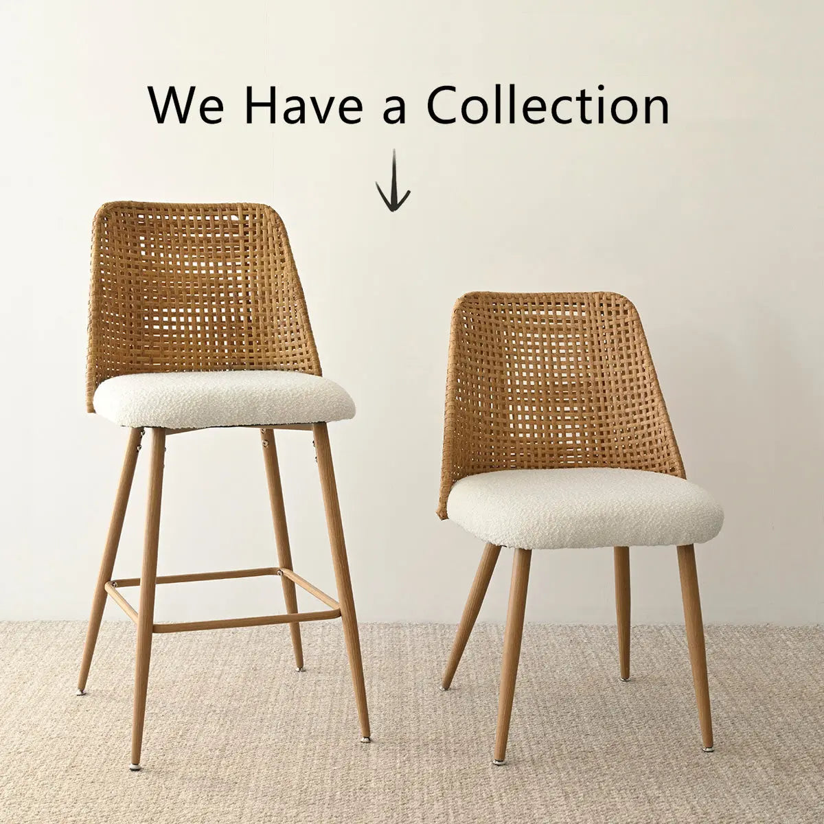 Nice Rattan Upholstered Counter Stool and chair on beige carpet in neutral room setting.