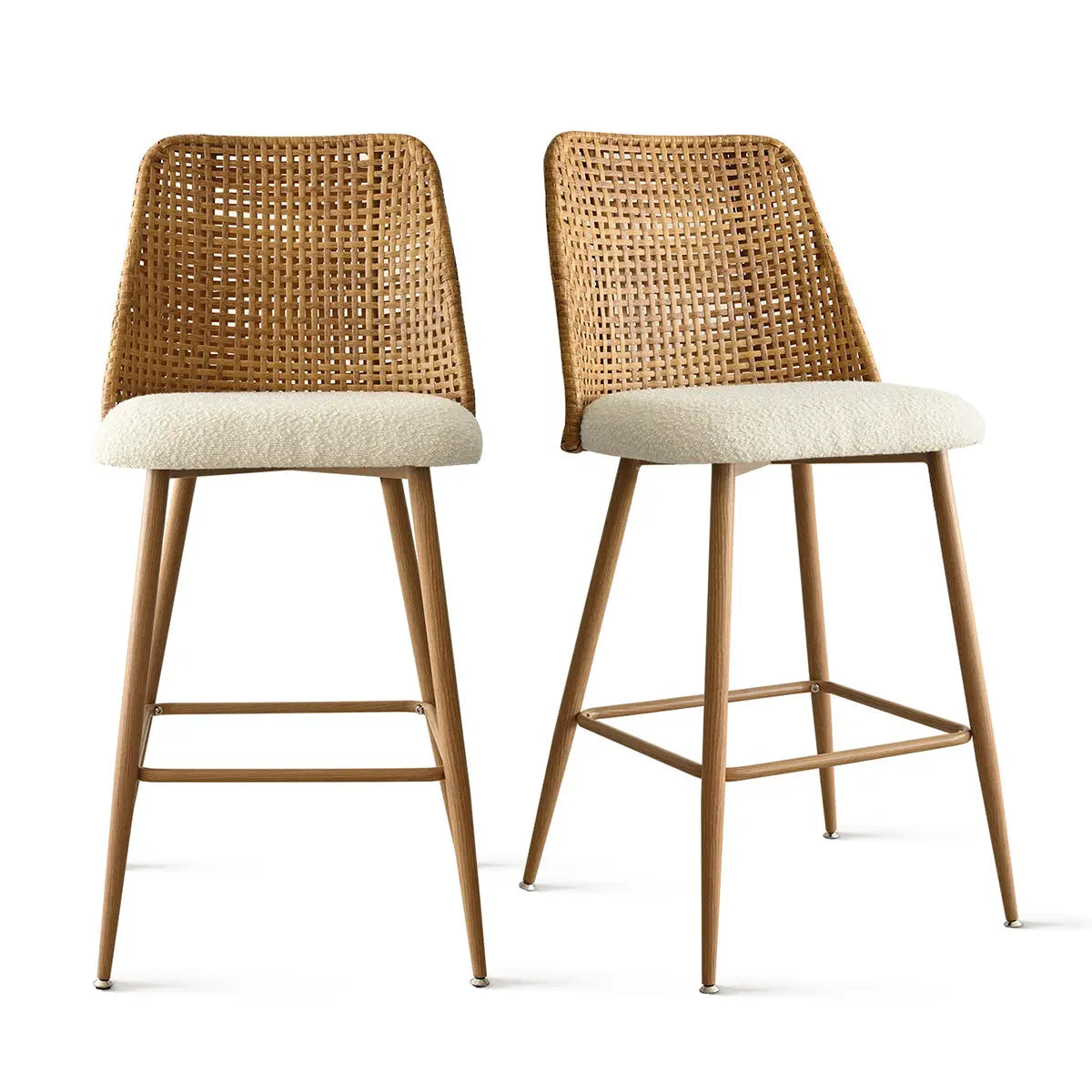 Dwen & Nice Mega Pack bar stools with woven backs, white seats, wooden legs, modern design.