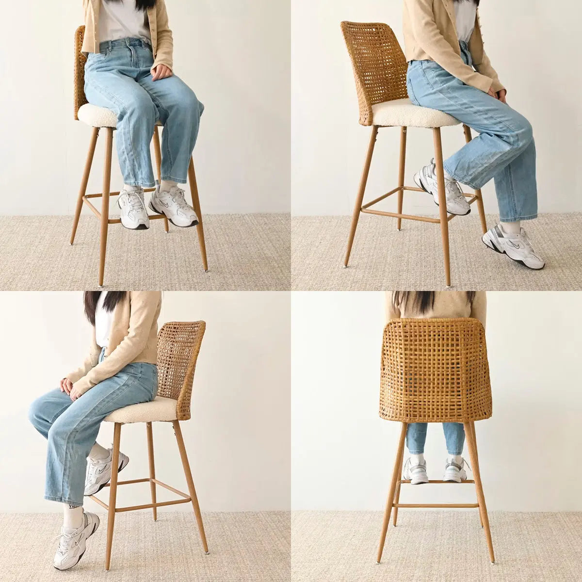 Nice Rattan Upholstered Counter Stool in modern room with beige walls and light carpet flooring.