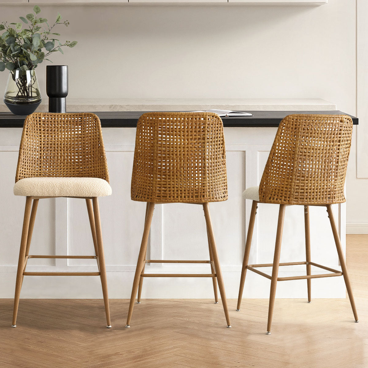 Nice 27" Rattan Upholstered Counter Stool (Set of 3)