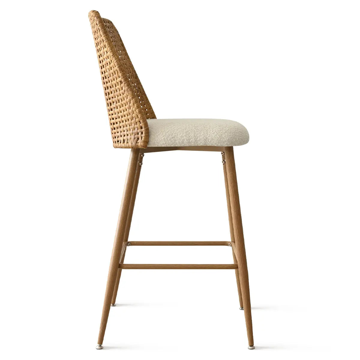 Side view of Nice Rattan Upholstered Counter Stool with wooden frame, woven backrest, upholstered seat.