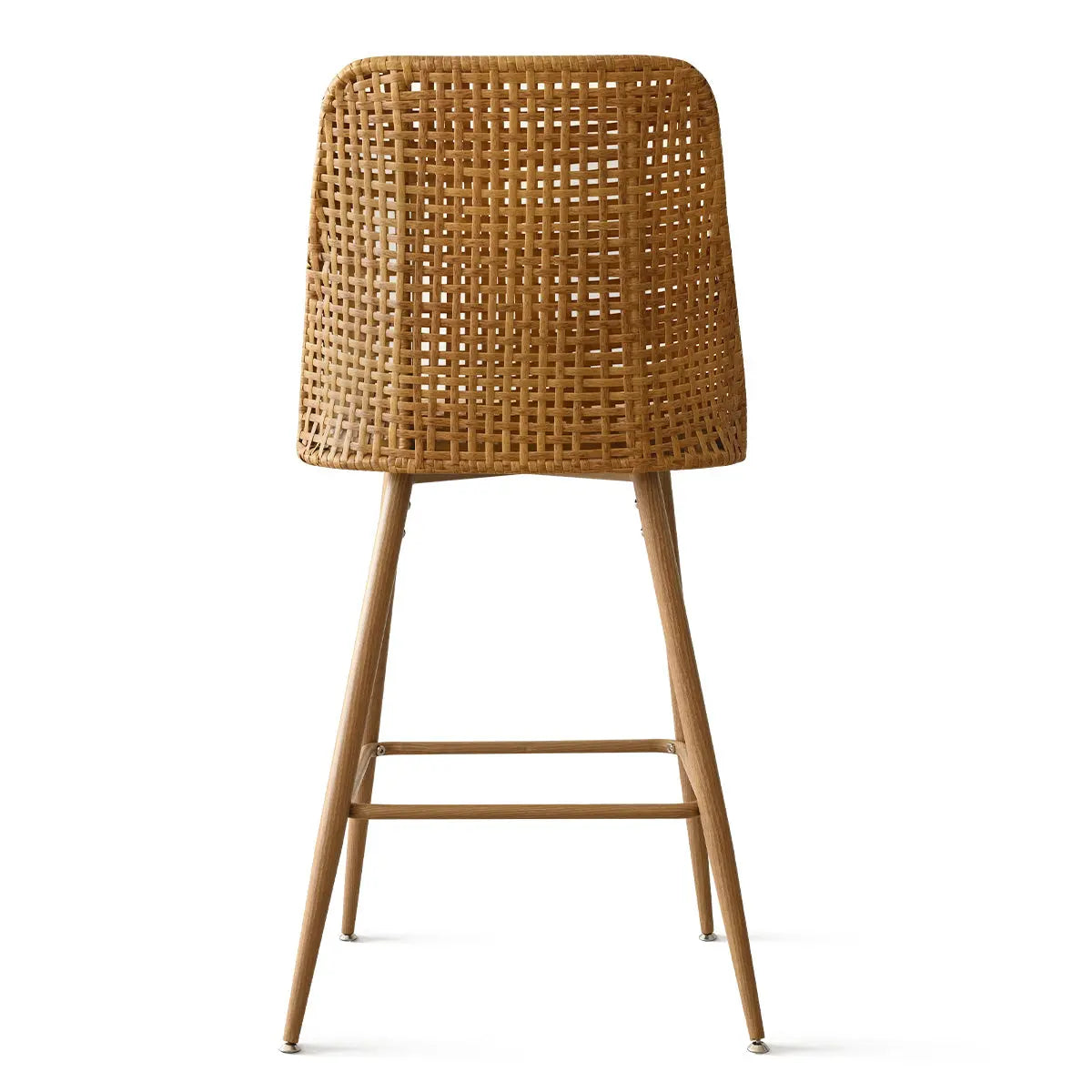 Nice Modern Rattan Upholstered Counter Stool with wood legs; high-quality seating furniture design.