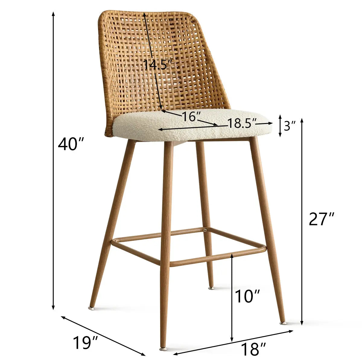 Nice Rattan Upholstered Counter Stool dimensions, featuring beige seat and natural wood legs.