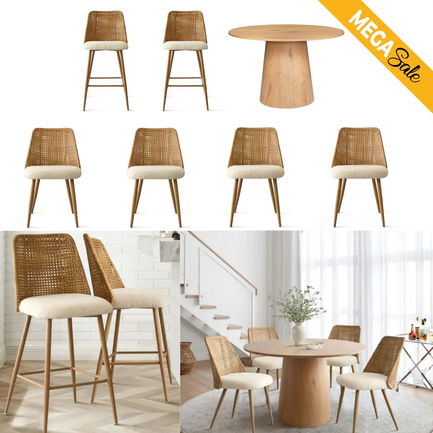 Dwen & Nice Mega Pack: dining chairs, table, barstools. Beige, natural wood in a cozy room.