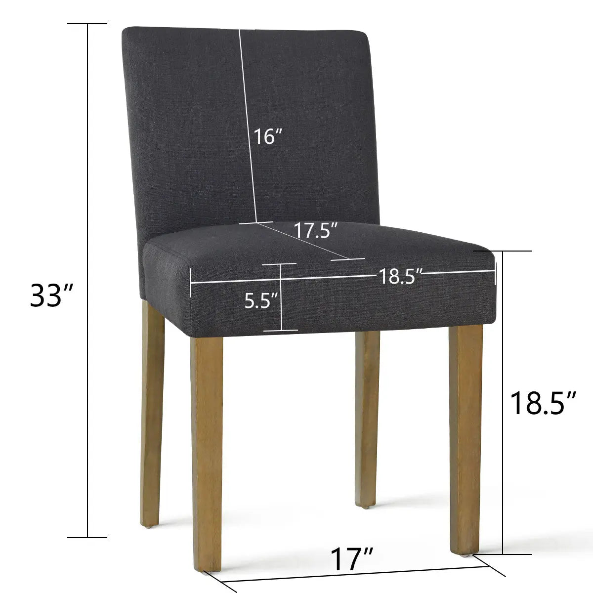 North Upholstered Dining Chair dimensions, featuring wooden legs and dark fabric in modern style.