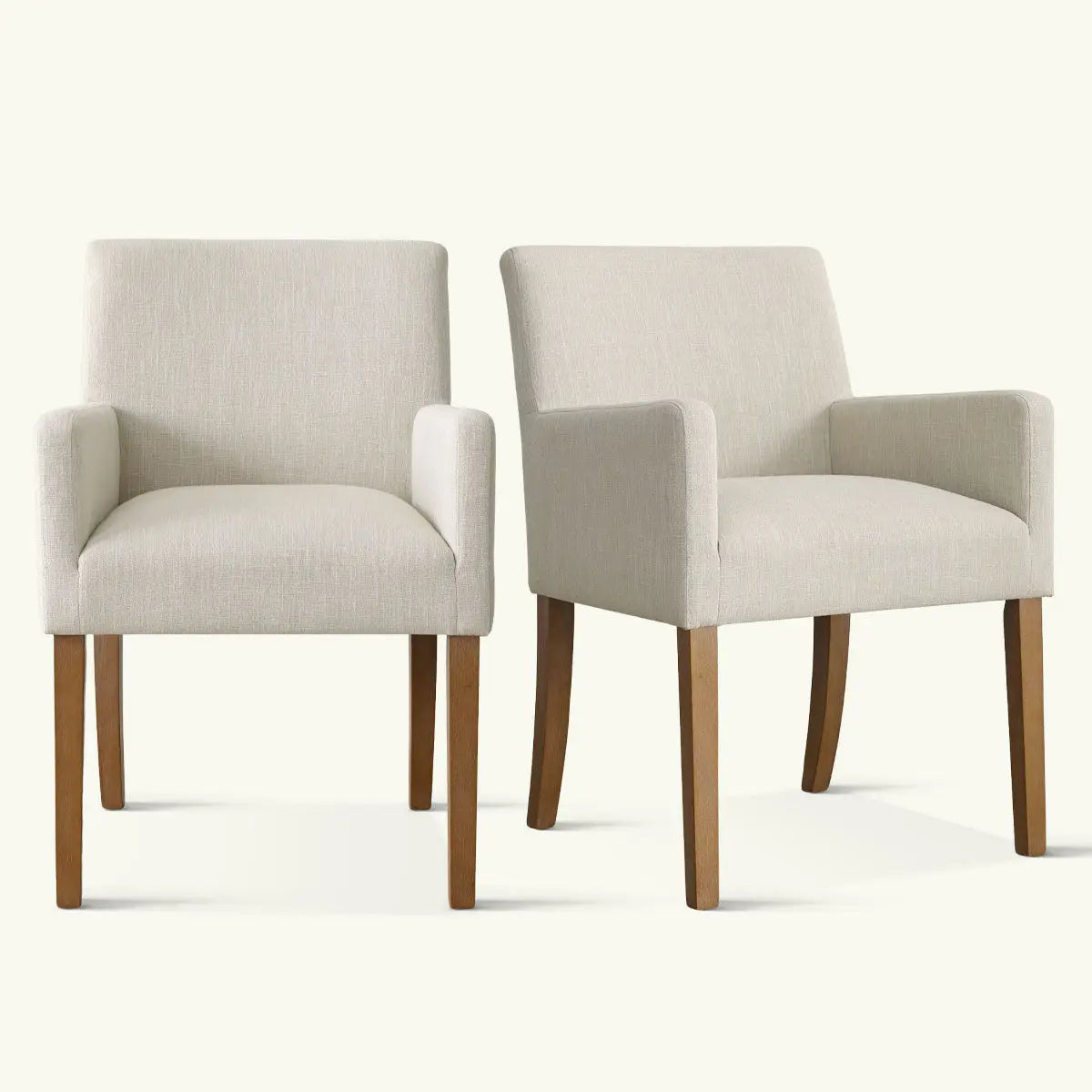 North Modern Boucle Upholstered Armchairs in neutral setting, beige fabric, wooden legs. Set of 2.