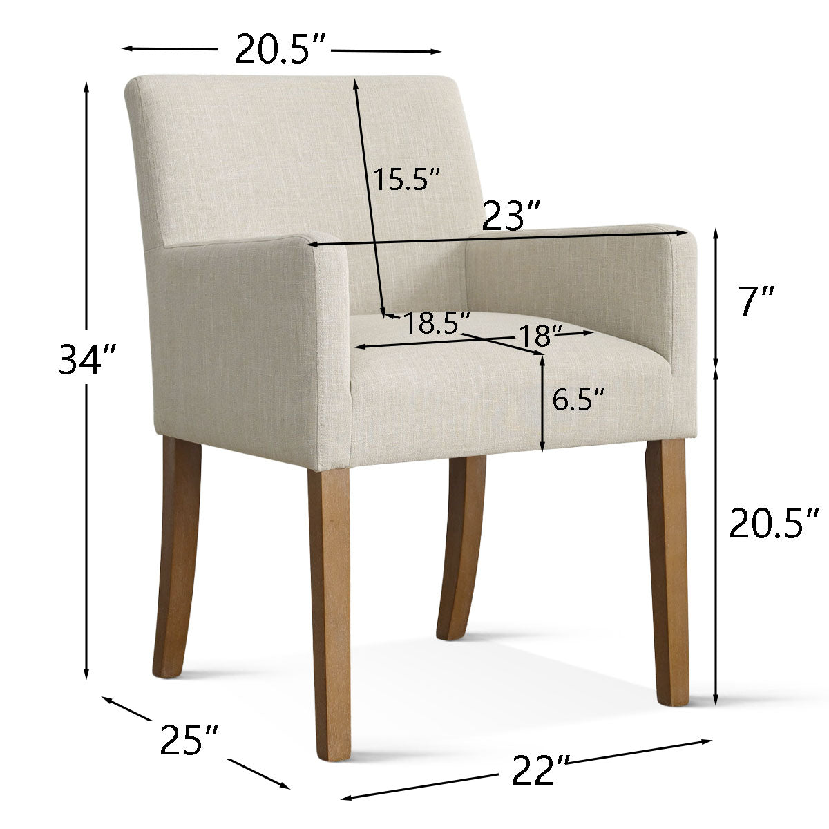 Dimensions of North Modern Boucle Upholstered Armchair with wooden legs, beige upholstery, contemporary design.