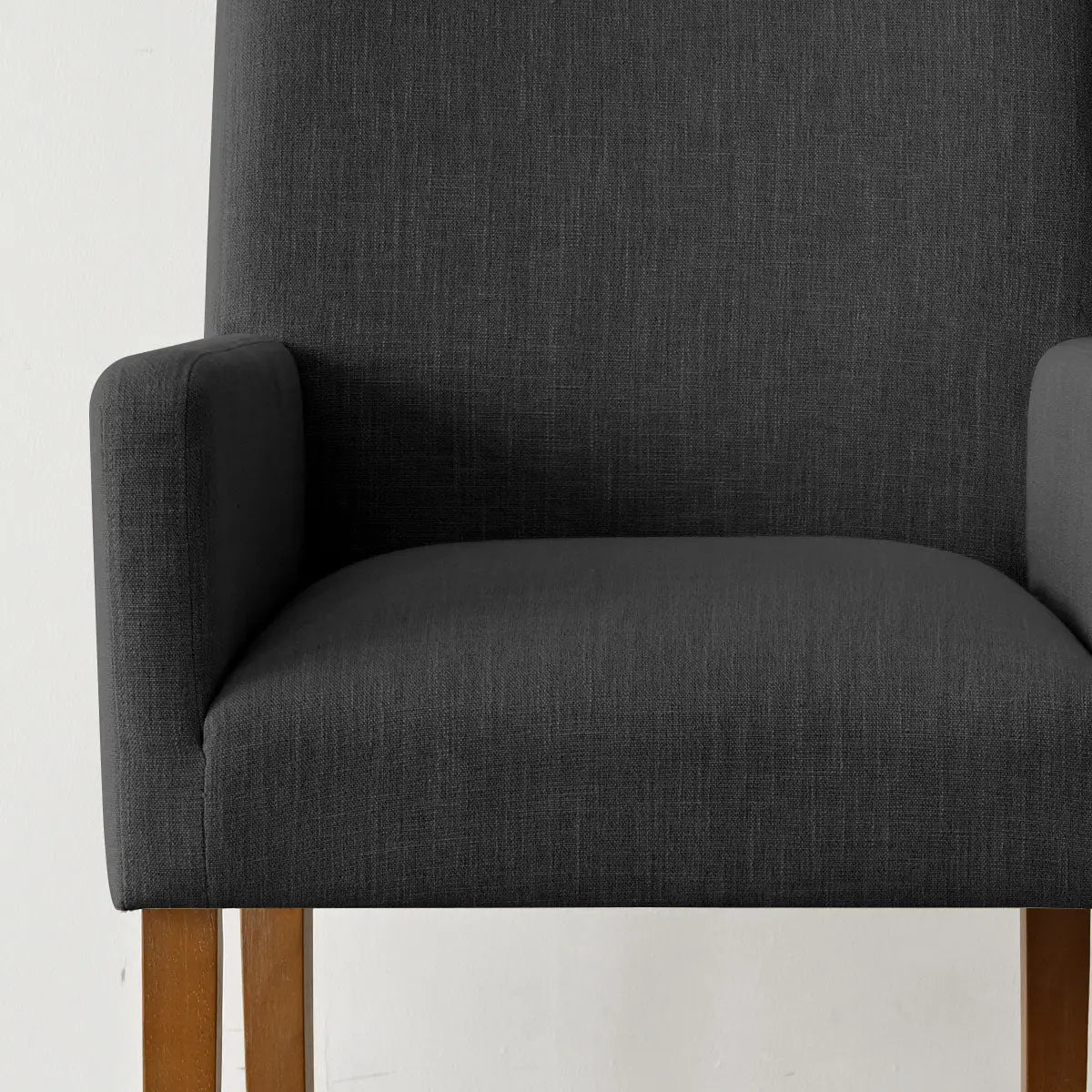 North Modern Boucle Armchair, gray upholstery, wooden legs; home seating accent piece.