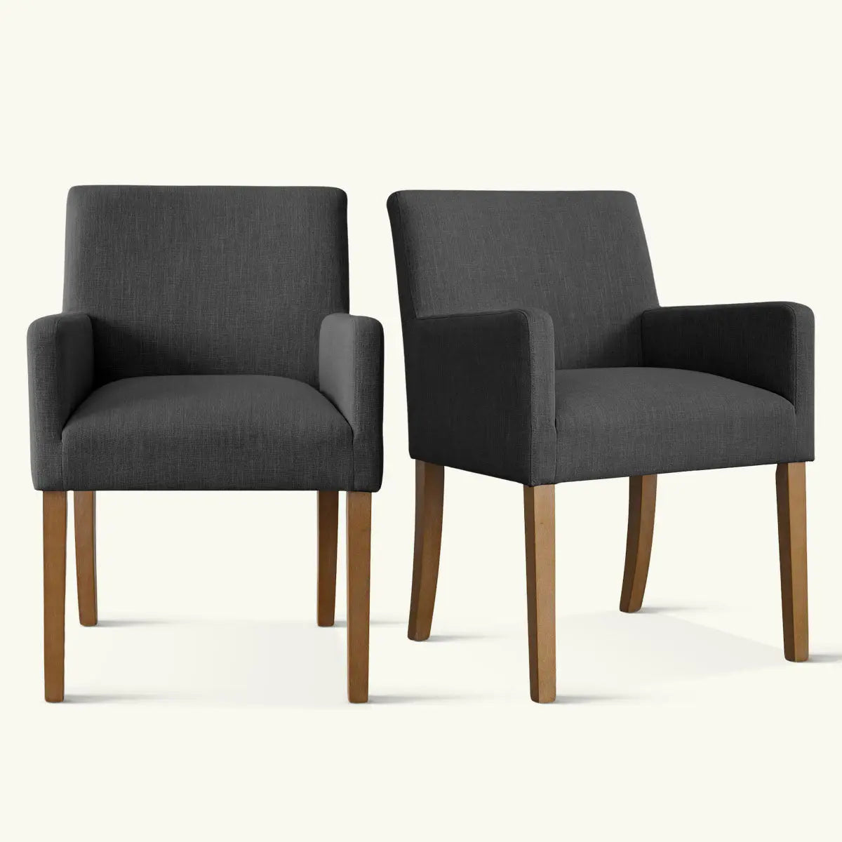 North Modern Boucle Armchair pair with wood legs, dark fabric upholstery, minimalist design, indoor setting.