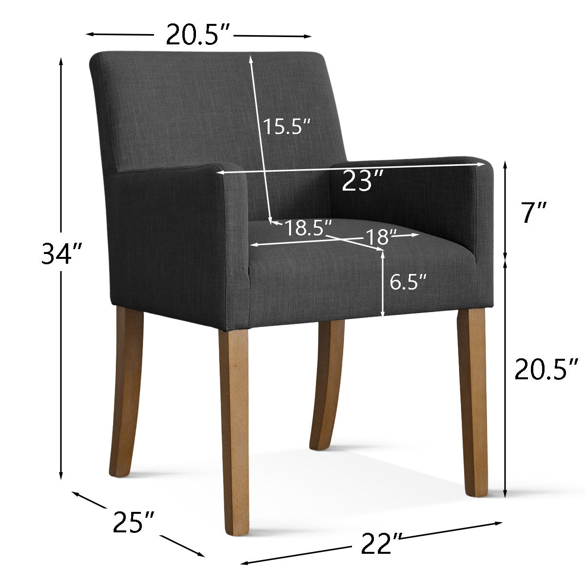 North Modern Boucle Armchair dimensions, dark upholstery, wood legs, contemporary furniture design.