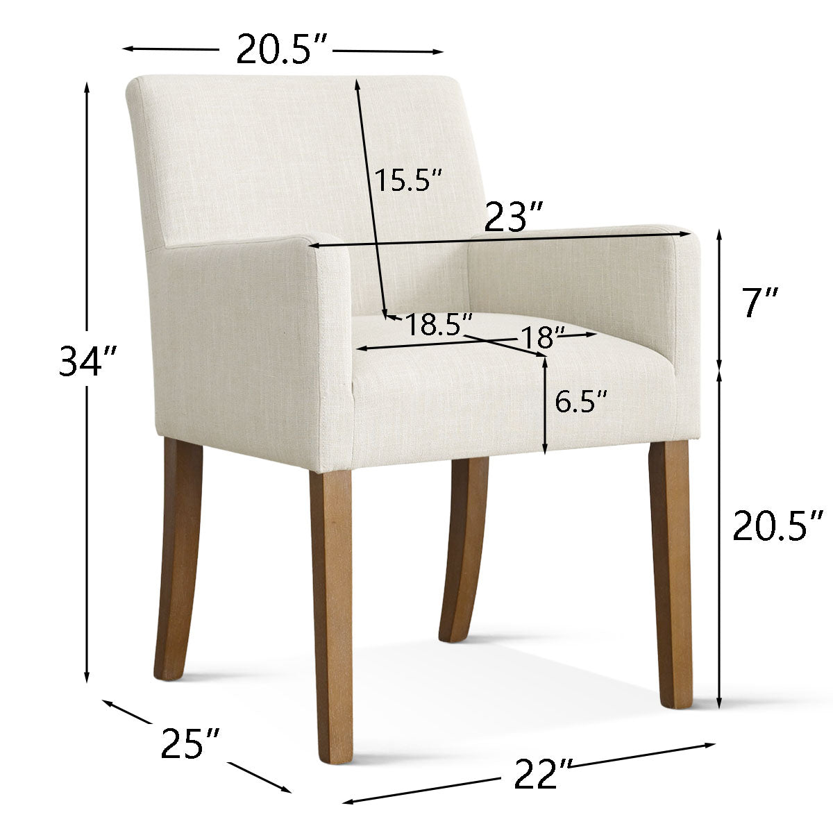 North Modern Boucle Upholstered Armchair with dimensions; stylish beige fabric and wooden legs.