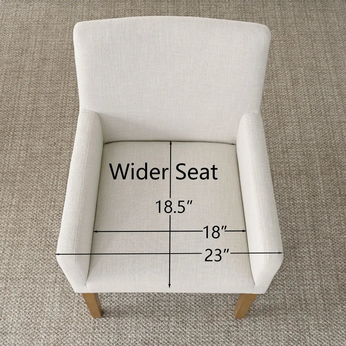 North Modern Boucle Upholstered Armchair on beige carpet, dimensions shown: 18.5" x 18" x 23".