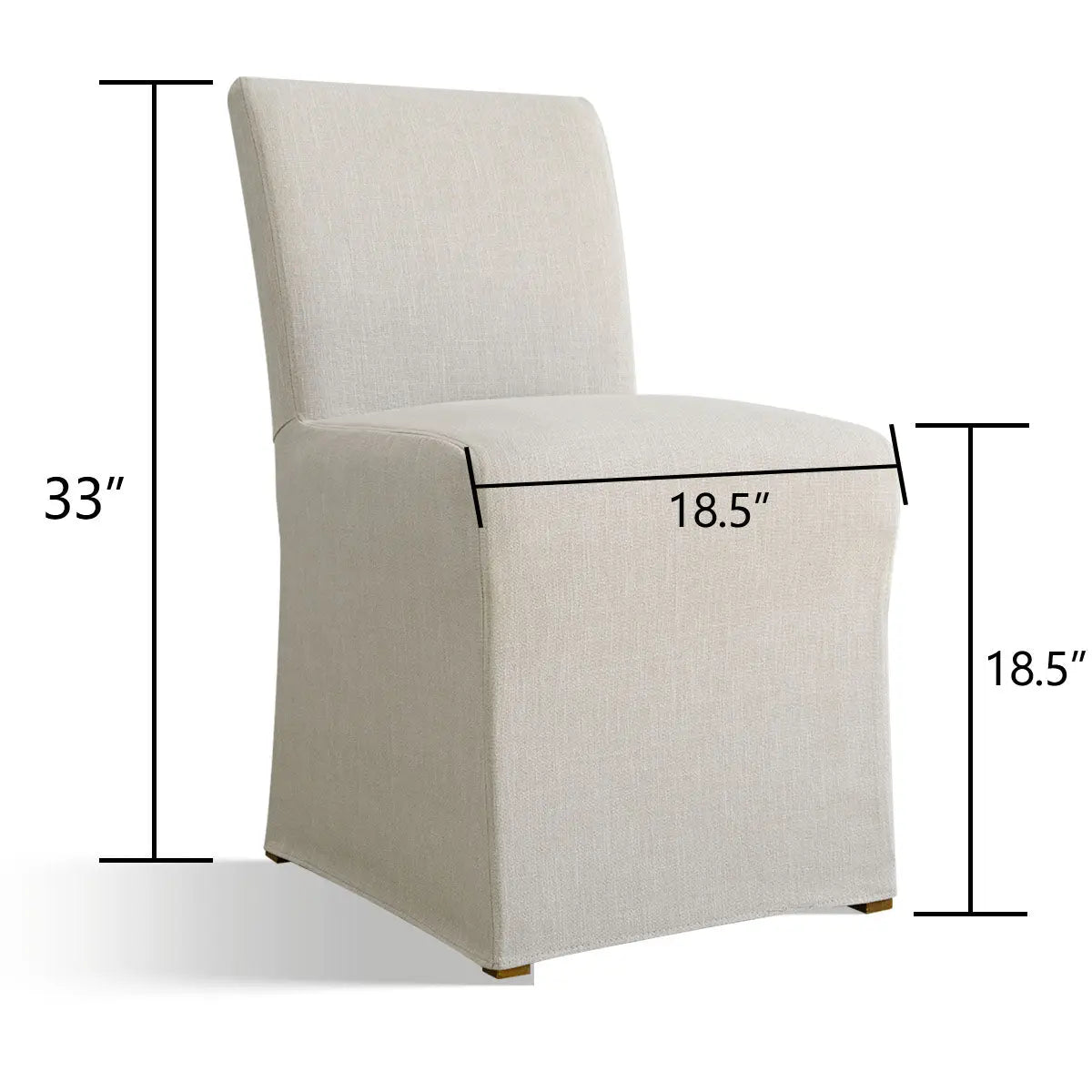 North Beige Upholstered Dining Chair, dimensions shown, with removable slipcovers, simple style in neutral setting.