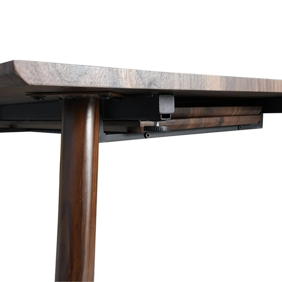 Odense Extendable Rectangular Dining Table with dark wooden leg in close-up view.