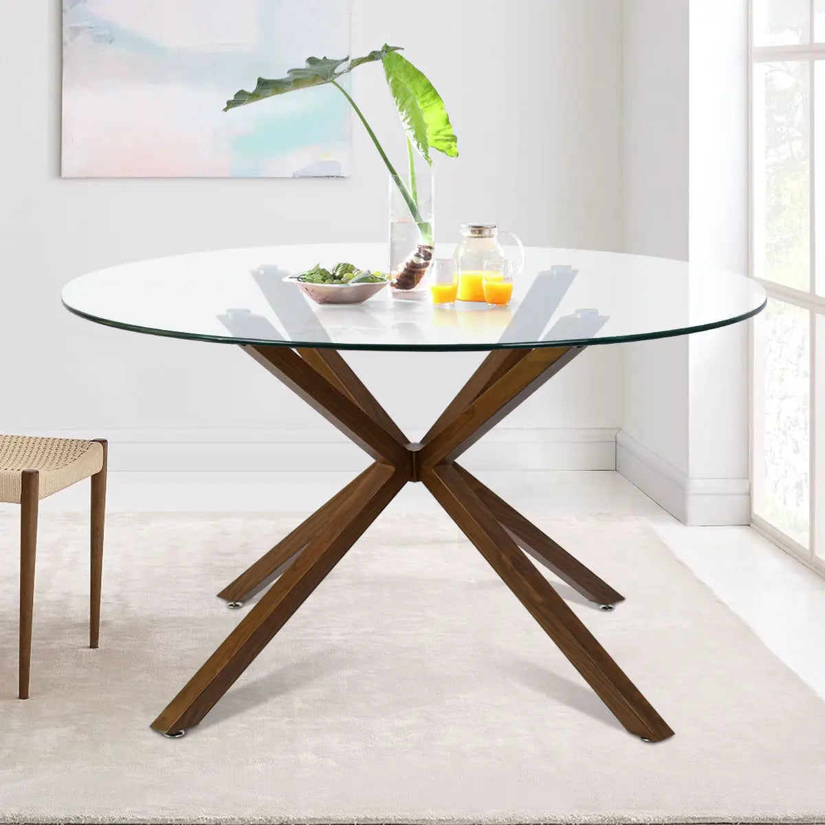 Oliver & Edwin glass dining table set, beige, modern white room, wooden chairs, light rug flooring.