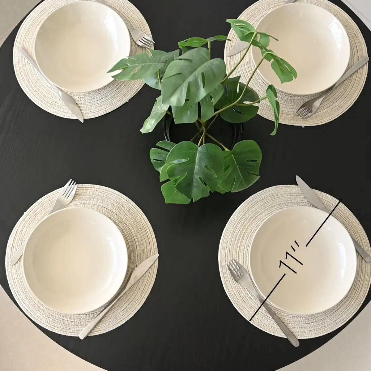 Oliver & Oslo Round Dining Table Set with 11" dimensions, modern decor, black surface, dining area.