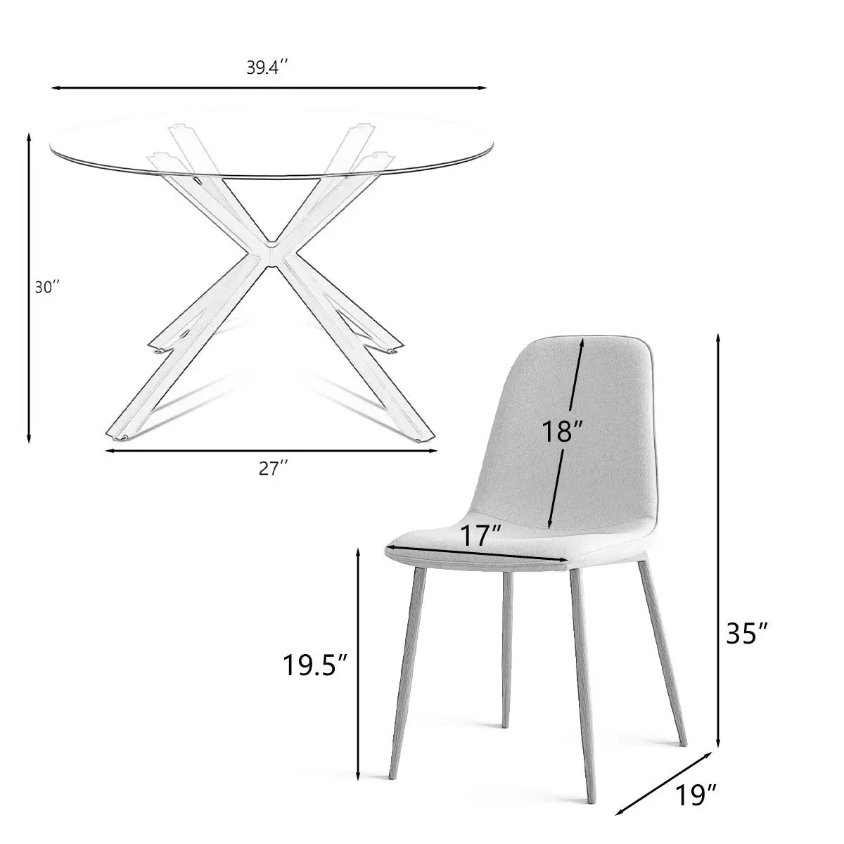 Oliver & Oslo Glass Round Dining Table Set dimensions showing table and chair size specifications.