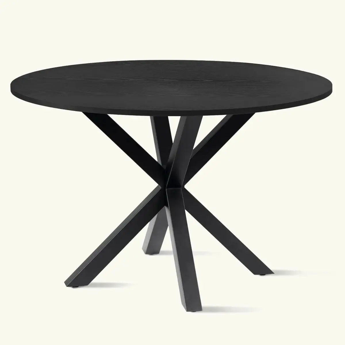 Oliver Modern Round Dining Table with black metal base and round top, modern dining room furniture.