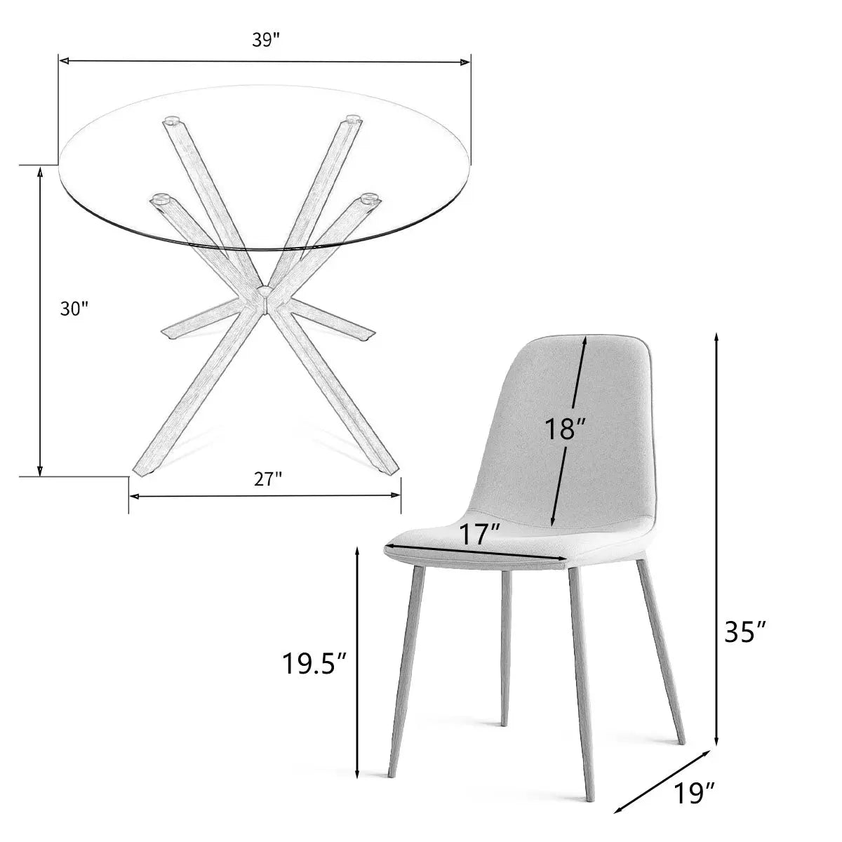 Oliver & Oslo Glass Round Dining Table Set dimensions with chair, modern dining room furniture design.