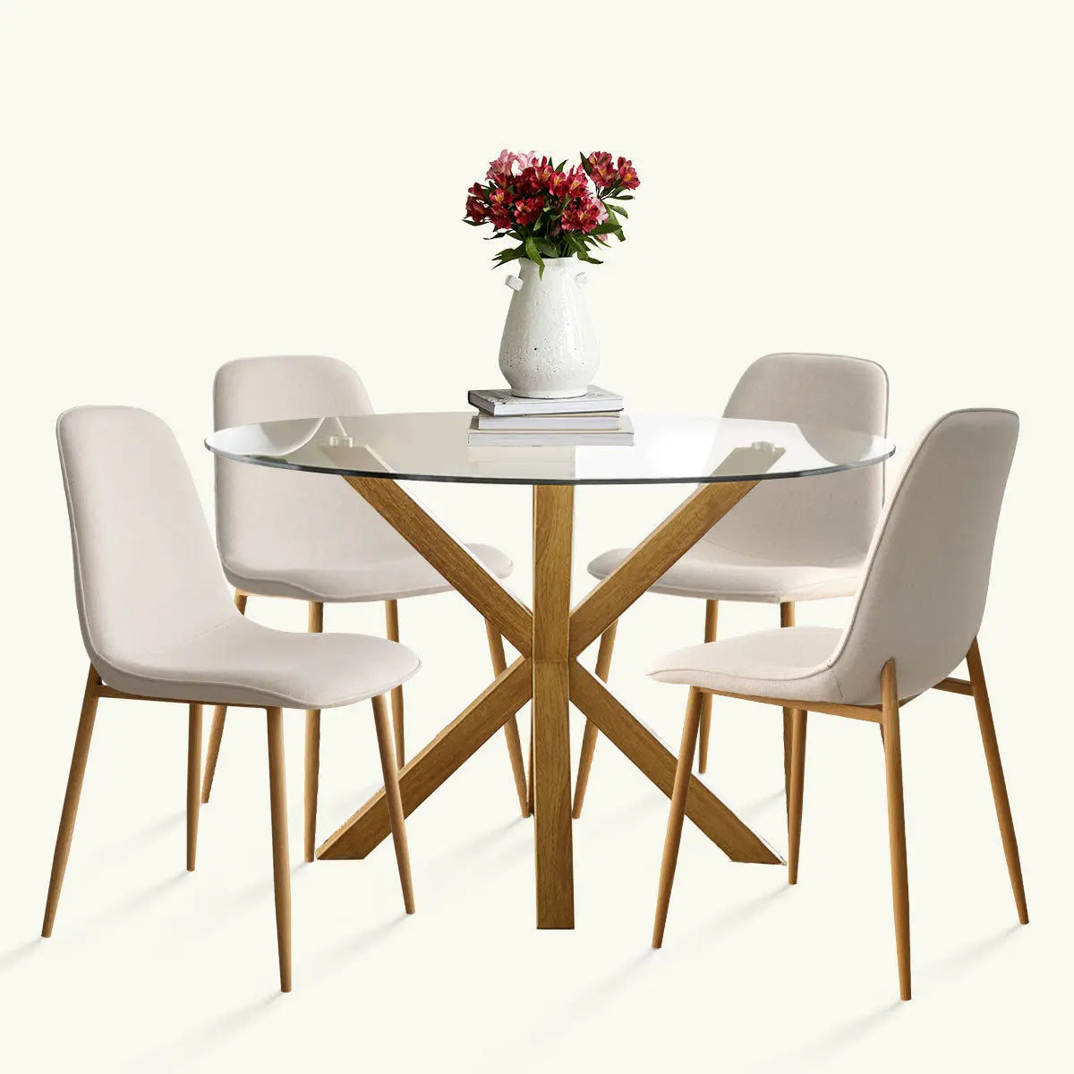 Oliver & Oslo Glass Round Dining Table Set with beige chairs in minimalist dining room.