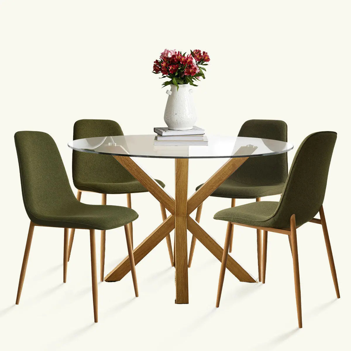 Oliver & Oslo Glass Round Dining Table Set, green chairs, wooden legs, minimalist design, dining area.