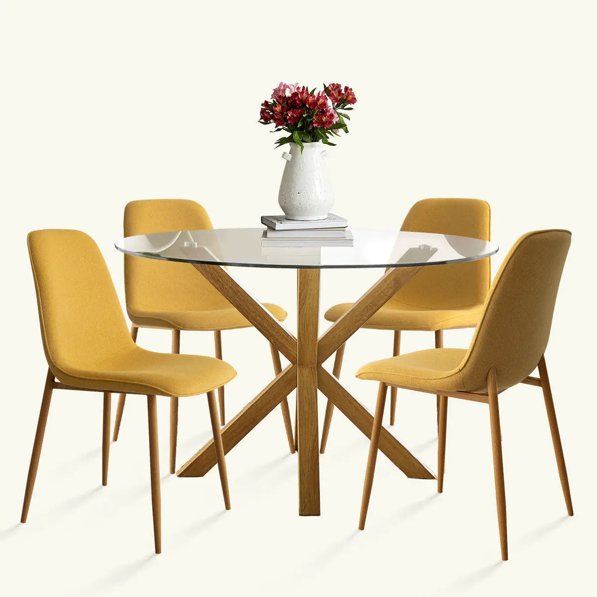 Oliver & Oslo dining set with glass tabletop, mustard chairs, wooden legs, modern dining room style.