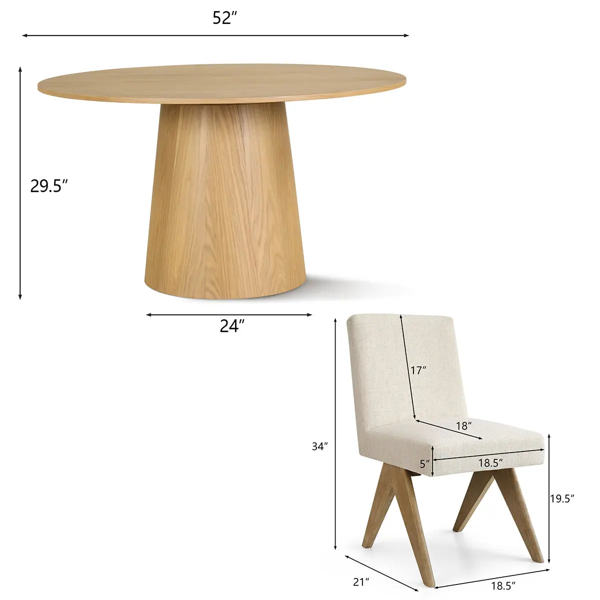 Orchid & Morgan oak round dining table set dimensions with upholstered chair, beige fabric, modern design.