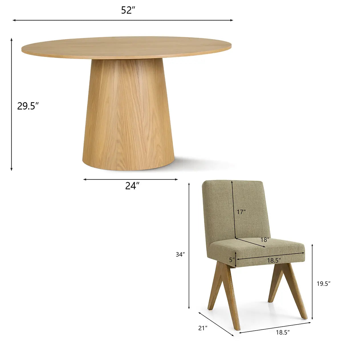 Orchid & Morgan solid oak round dining set with chair dimensions, modern style, oak finish.