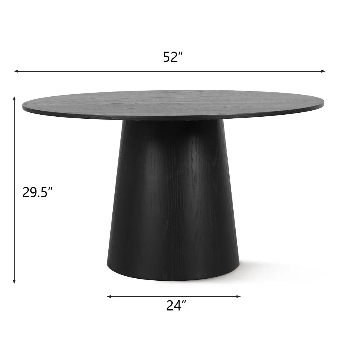 Orchid oak wood round pedestal dining table with dimensions; black finish, minimalist style.