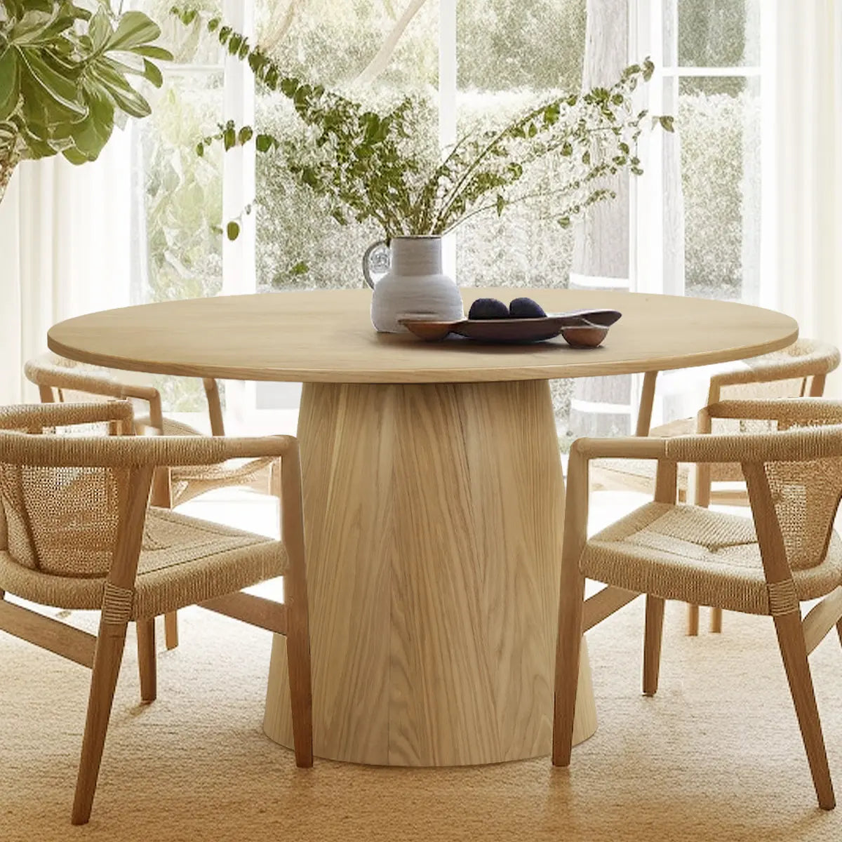 Orchid 52" oak wood round dining table in bright room, wicker chairs, and beige carpet flooring.